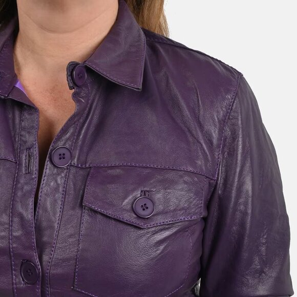 NEW Genuine Lambskin Leather Purple Button-up Shacket in Size Medium - Picture 8 of 9